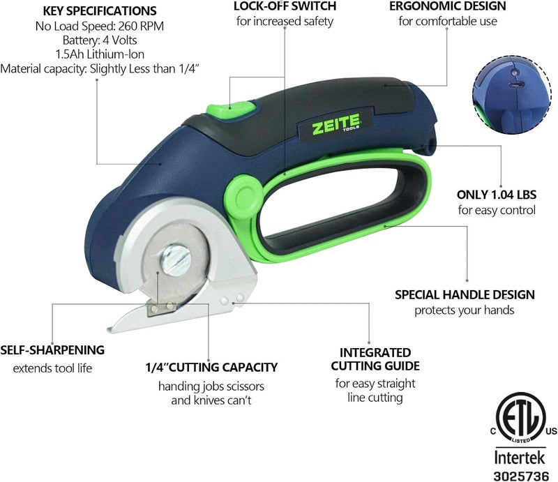 zeite 4V Cordless Electric Scissors with USB Charging Cable, 2 x Blade, 1 x Storage Case,Power Rotary Cutter for Cardboard Boxes,Fabric,Carpet Recycling,Gift for Men and Women - Image 2